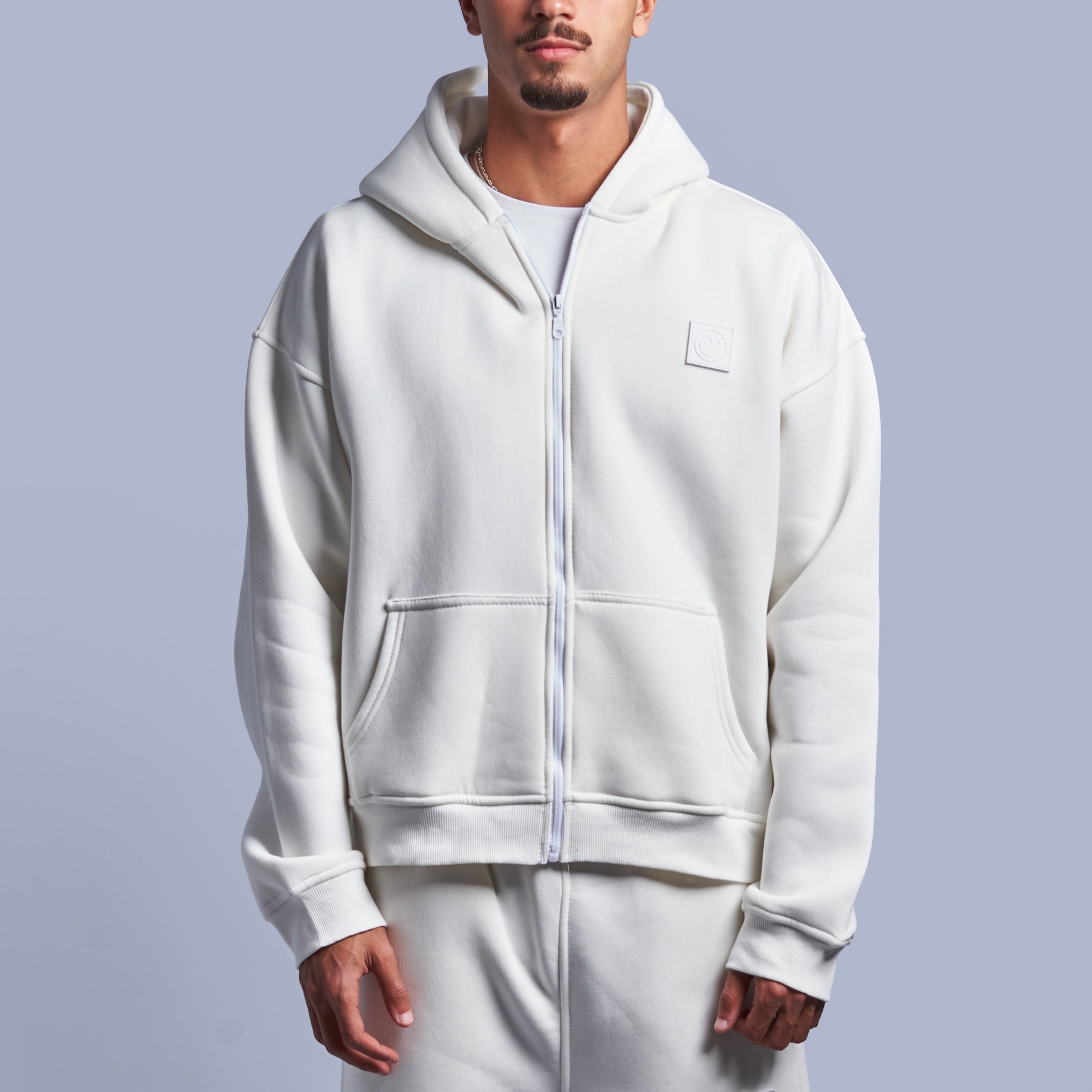 White Boxy-Fit Zip-Up Hoodie