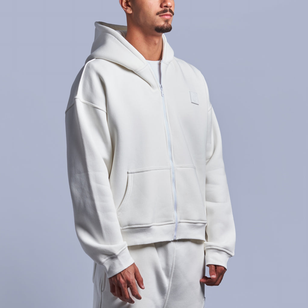White Boxy-Fit Zip-Up Hoodie