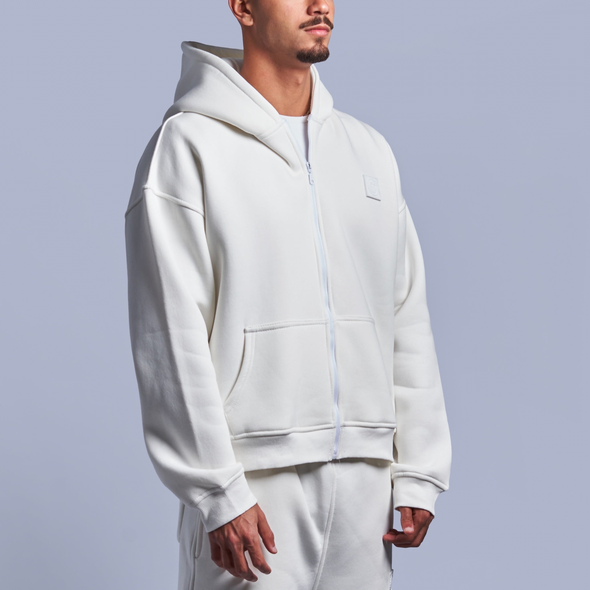 White Boxy-Fit Zip-Up Hoodie