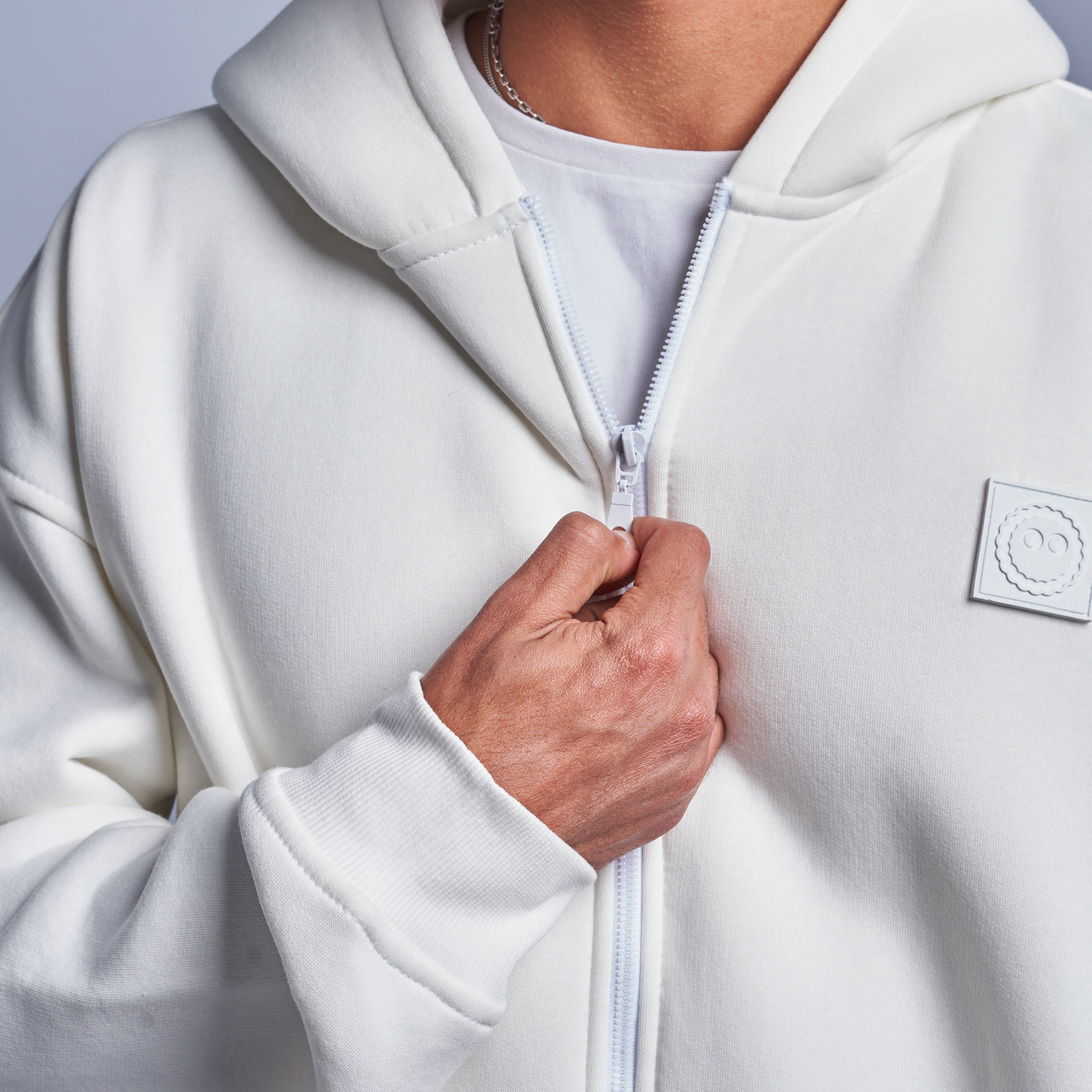 White Boxy-Fit Zip-Up Hoodie