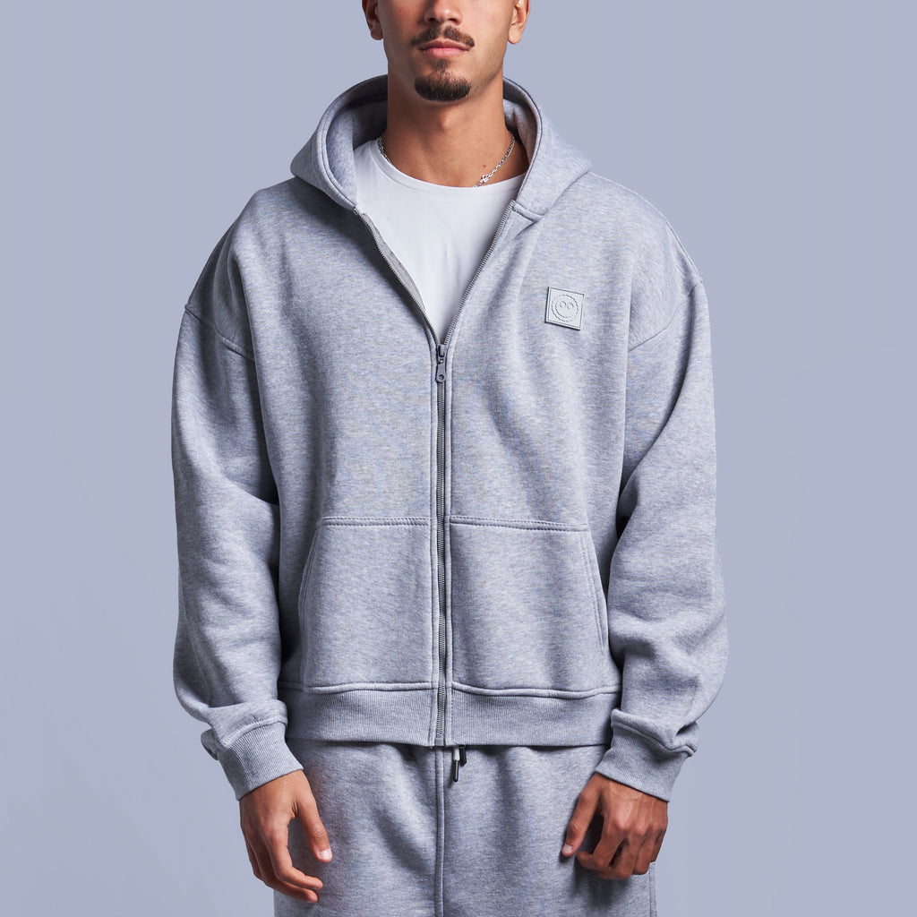 Grey Boxy-Fit Zip-Up Hoodie