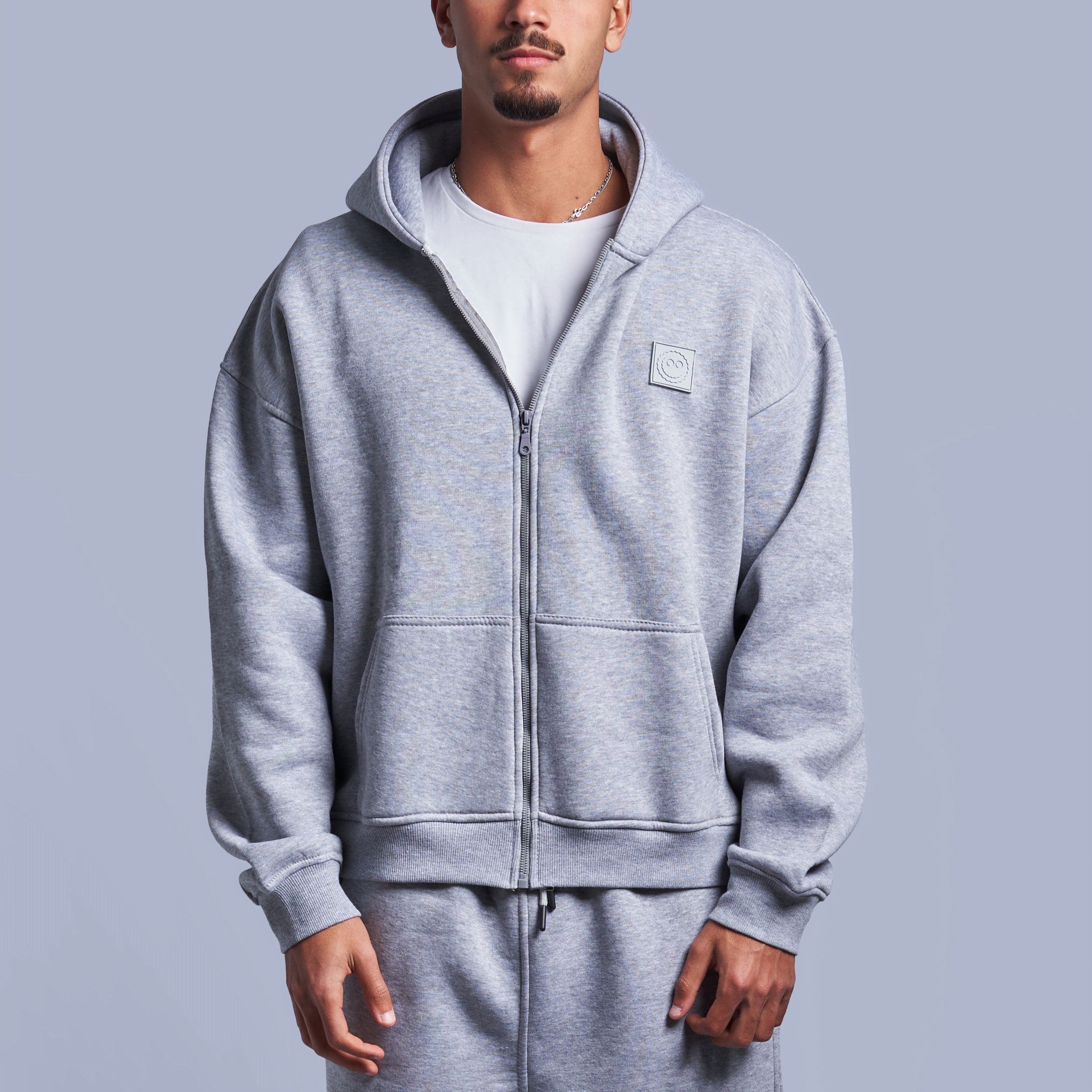 Grey Boxy-Fit Zip-Up Hoodie