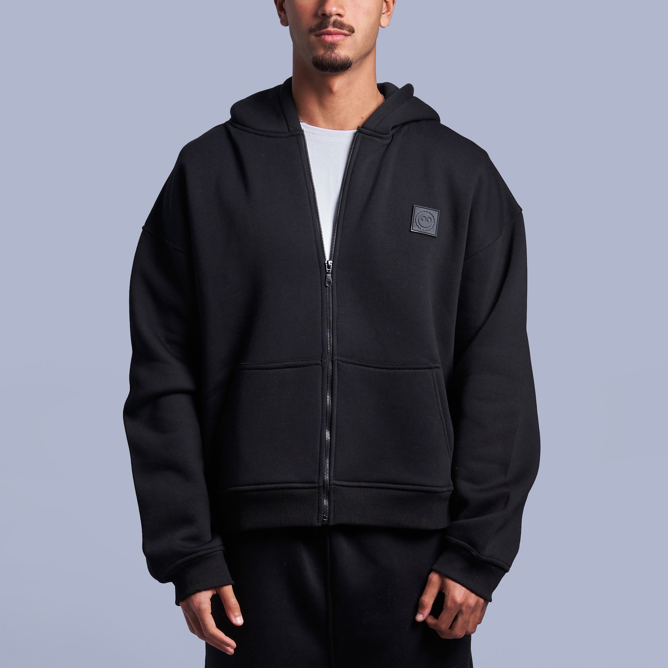 Black Boxy-Fit Zip-Up Hoodie