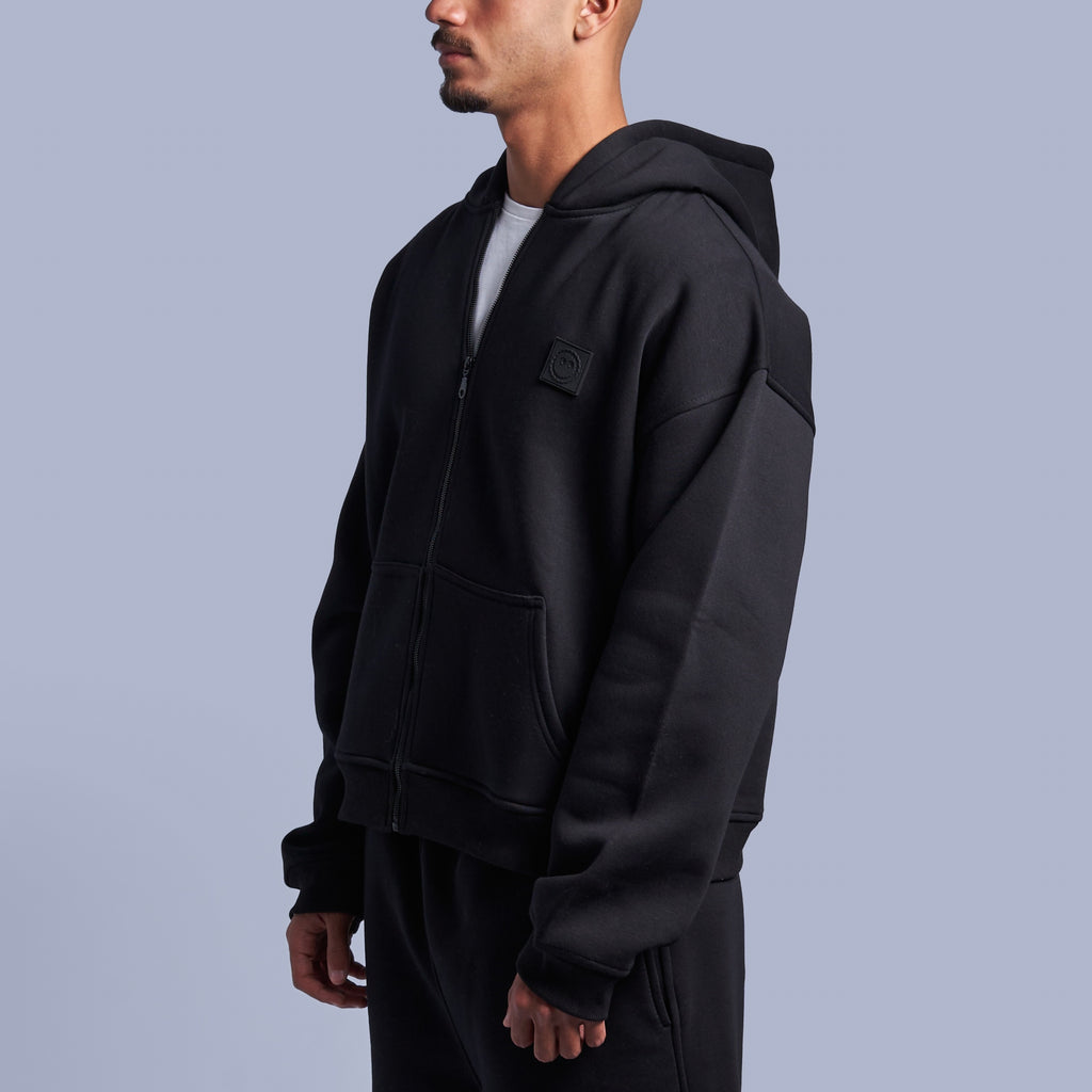 Black Boxy-Fit Zip-Up Hoodie