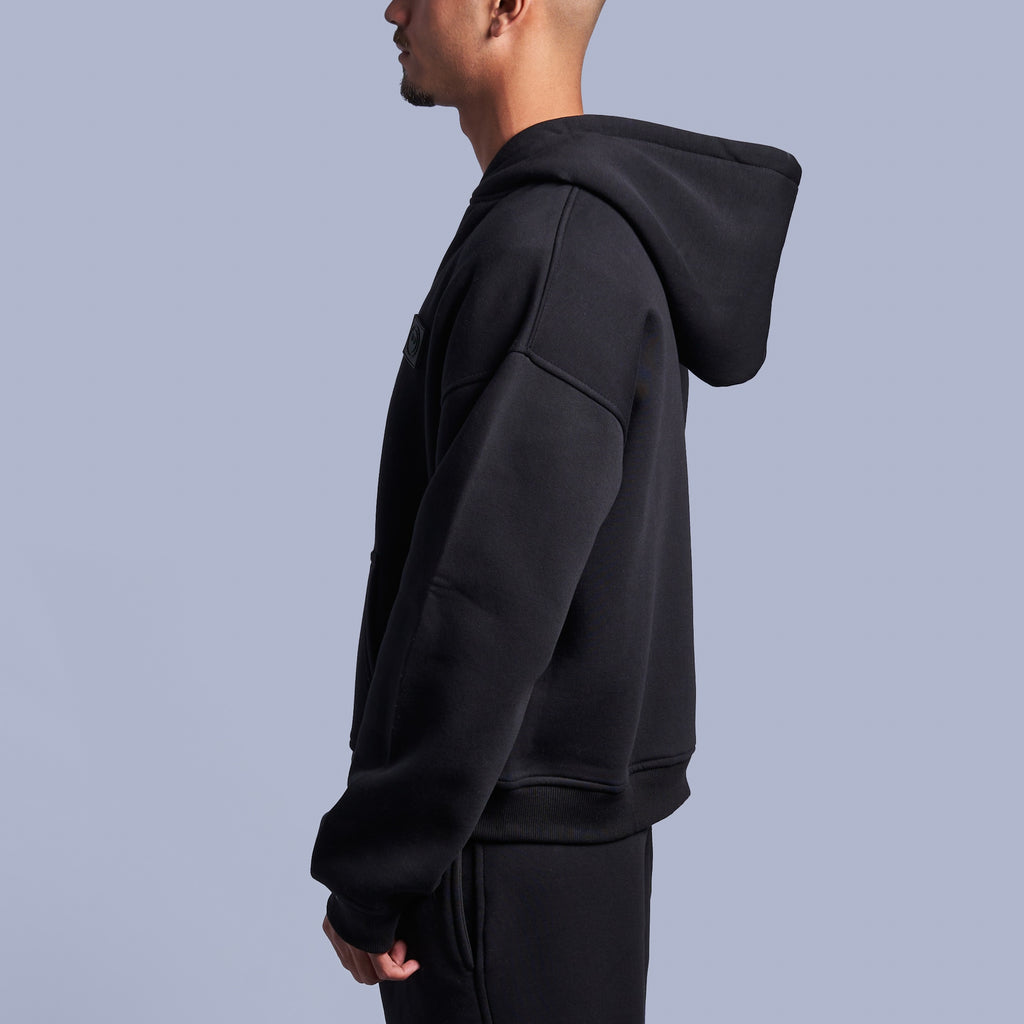 Black Boxy-Fit Zip-Up Hoodie