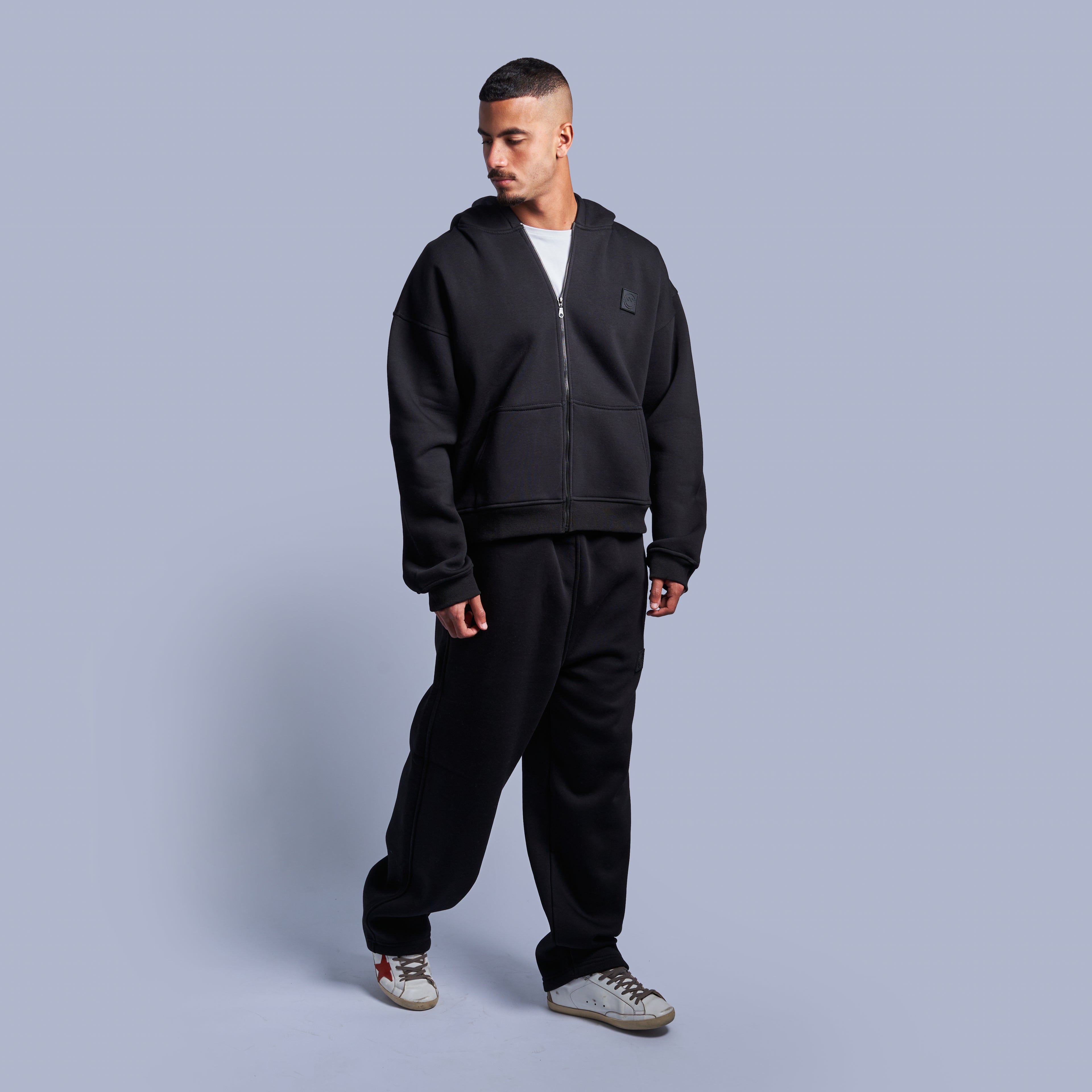 Black Boxy-Fit Zip-Up Hoodie