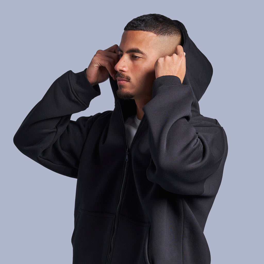 Black Boxy-Fit Zip-Up Hoodie
